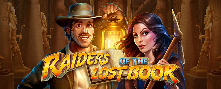 Go on an amazing adventure with an explorer and professor in search of hidden treasures when you play the Raiders of the Lost Book online slot game at Slots.lv.